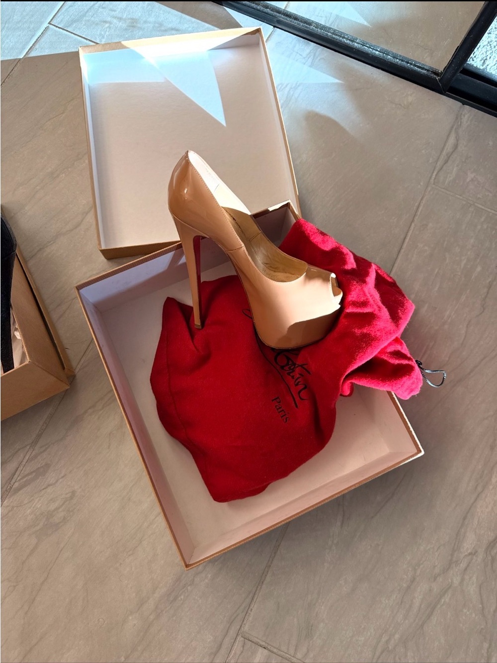 Christian Louboutin Nude Patent Peep-Toe Platform Stiletto